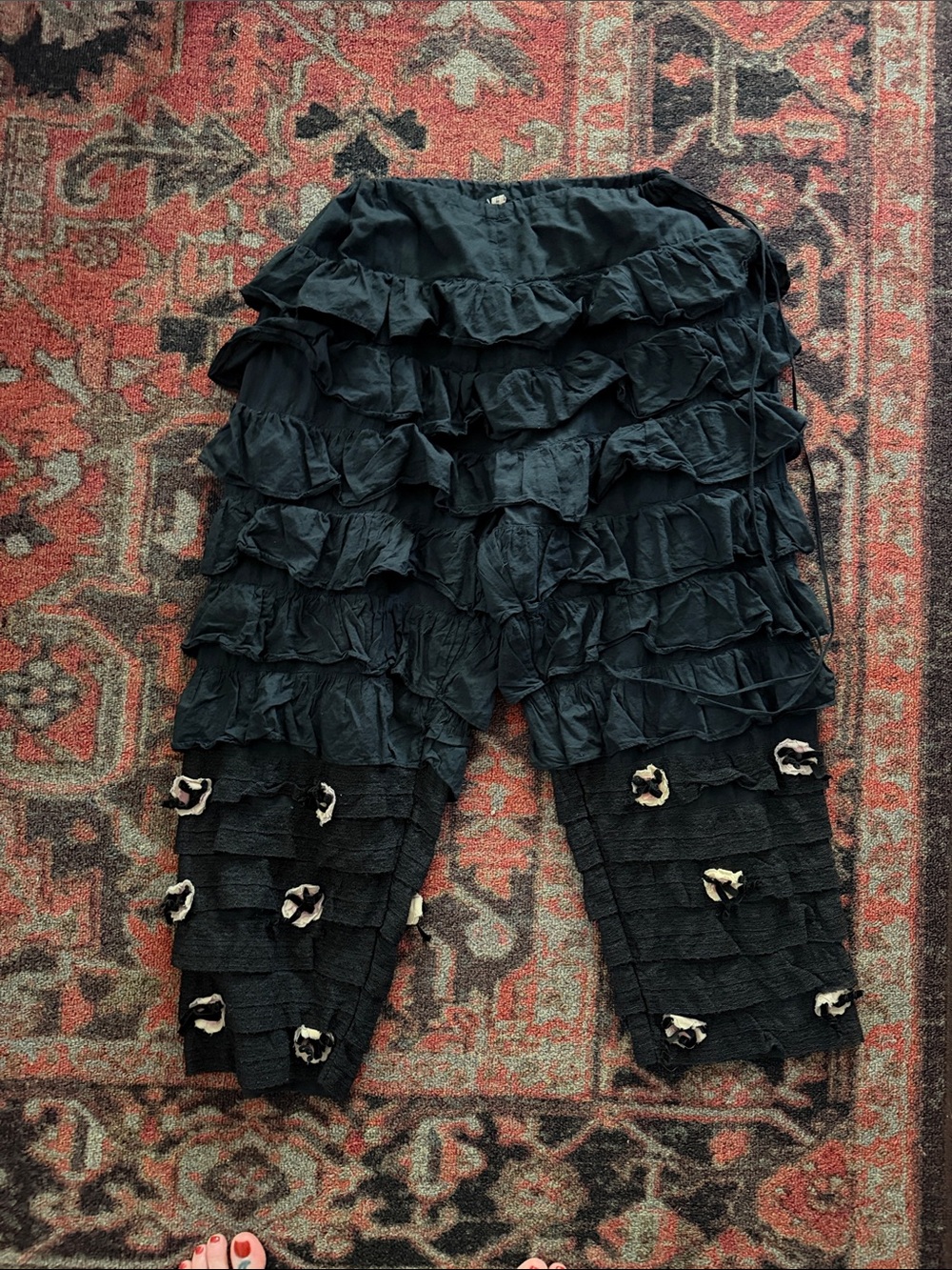 Black Ruffled Layered Cropped Pants with Appliqué Detail